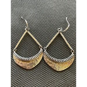 925 Sterling Silver Hammered Crescent Hoop Dangle Drop Earrings Vintage